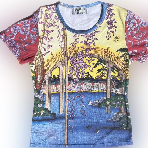 VINTAGE • 90s DEADSTOCK HIROSHIGE JAPANESE EDO TOKYO SHRINE PHOTO PRINT T-SHIRT - Picture 4 of 6